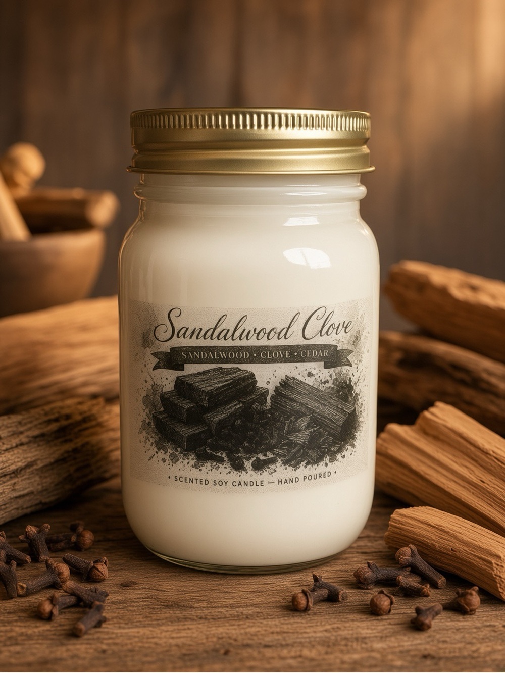 16oz Sandalwood Clove Soy Candle | Mason Jar | Hand Poured Cedar Spice